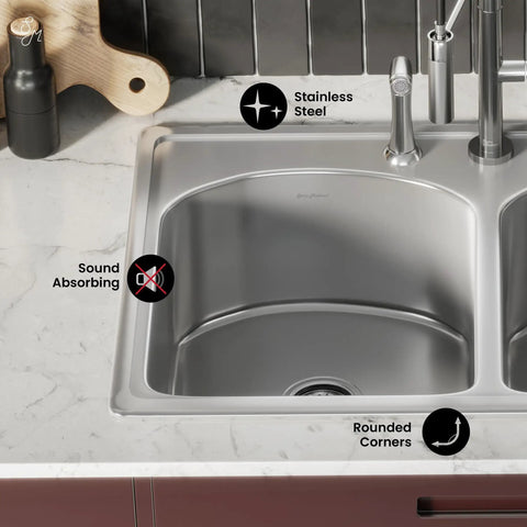 Open Concept Dual Basin Top Mount Kitchen Sink 33 x 22 Inches, 20-Gauge Stainless Steel, rear center drain detail