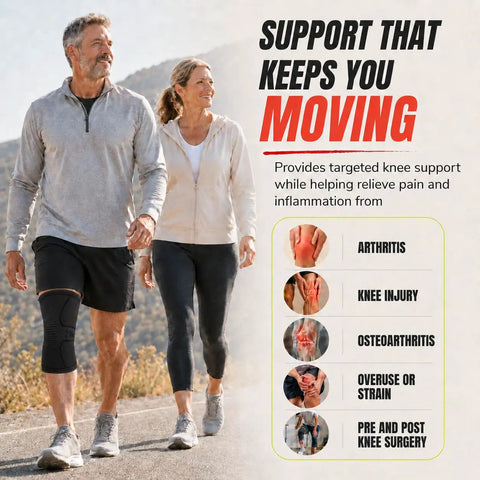 Gym Rat Approved Unisex Compression Knee Support Sleeve Boasting Four Way Stretch Fabric For Peak Flexibility And Serious Joint Armor During Heavy Lifting Sessions And Everyday Hustle In Sleek Black Medium Cut, worn by a man while walking outdoors.