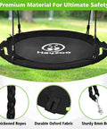 48 Inch Saucer Swing for Backyard Fun, Big Family Size Holds Up to 900 Lb, Adjustable Hanging Straps, outdoor black swing with details.