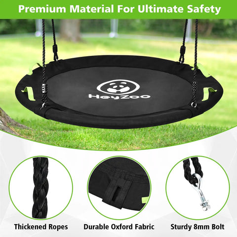 48 Inch Saucer Swing for Backyard Fun, Big Family Size Holds Up to 900 Lb, Adjustable Hanging Straps, outdoor black swing with details.
