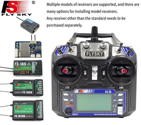 Six Channel 2.4GHz RC Transmitter With FS-iA6 Receiver, front view with FlySky branding and various compatible receivers shown