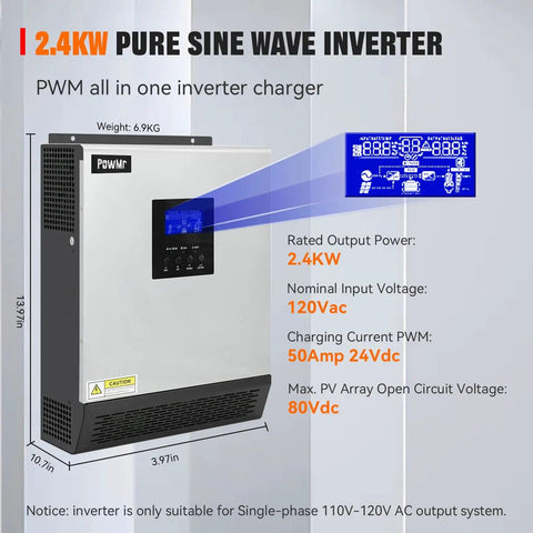 2400W Solar Inverter With 24 Volt DC Input To 110 And 120 Volt AC Pure Sine Wave 50 Amp PWM Charge Controller Hybrid Inverter on wall