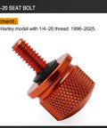 Knurled Aluminum Rear Seat Screw With Rubber Ring For Quarter Inch Twenty Thread Fits Touring Sportster Softail Dyna Street Glide Road King Fat Bob 1996 2025 Orange