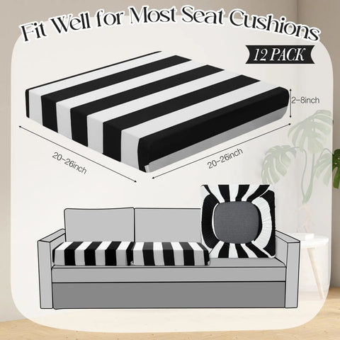 12 Pack Elastic Outdoor Cushion Covers For Patio Sofa Cushions 20 To 27 Inch Fit Washable Black And White Stripes Slipcovers Replacement Protector For Couch Chair Porch Furniture, diagram showing cushion size
