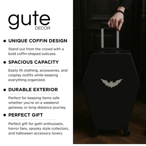 Coffin Shaped Carry On Luggage With Lock 26 Point 5 Inch Gothic Hard Shell Spinner Suitcase shown with hand on handle