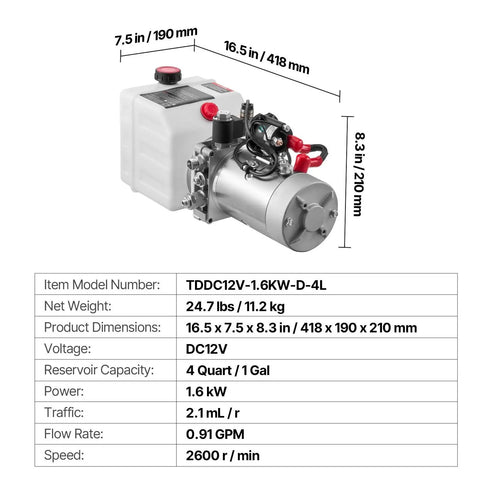 Heavy Duty Single Acting Hydraulic Power Unit Pump with 4 Qt Oil Reservoir and DC 12 Volt Motor dimensions showing 16.5 x 7.5 x 8.3 in