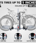 Diagram showing Dope 2-Bike Hitch Rack For Car With Quick Release Handle, Wobble Free, holding a fat tire and standard bike on a 2-inch receiver.