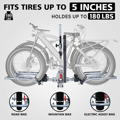 Diagram showing Dope 2-Bike Hitch Rack For Car With Quick Release Handle, Wobble Free, holding a fat tire and standard bike on a 2-inch receiver.