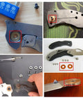 EDC Knife Brass Washer Gasket Replacement Set For Bugout Axis Lock 535 Folding Knife 0.4x9x5.2 Mm 20 Pack Benchmade Compatible Pivot Pin Washers Shim Kit For A Smooth Lockup Plug And Play shown in various installation stages on knife components.