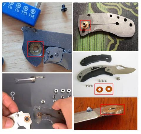 EDC Pocket Knife Brass Washer Gasket Replacement Set For C81 C223 C85 Pivot Pin Washers Meson Shim Gasket Cushion Pad Ring 0.3x11x5.2 mm Pack Of 20 Pieces shown installed in knife components.