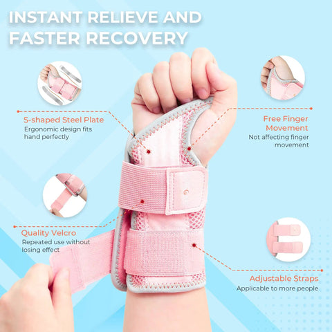 Breathable Carpal Tunnel Wrist Brace With 2 Adjustable Straps For Men And Women, Night Support Splint For Tendonitis And Arthritis, Right Hand Pink Size S M, showcasing ergonomic steel plates and adjustable straps.