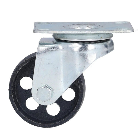 Heavy Duty 3 Inch Swivel Caster Wheels Built Like A Tank With Solid Cast Iron And Slick Dual Bearings For Smooth Glide On Indoor Outdoor Trolley Cart, side view of caster with gray metal and black iron wheel.