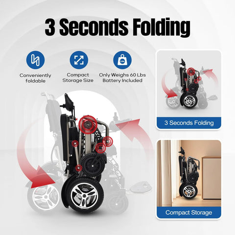 Foldable brown electric wheelchair for adults with dual batteries, shown folded for compact storage.