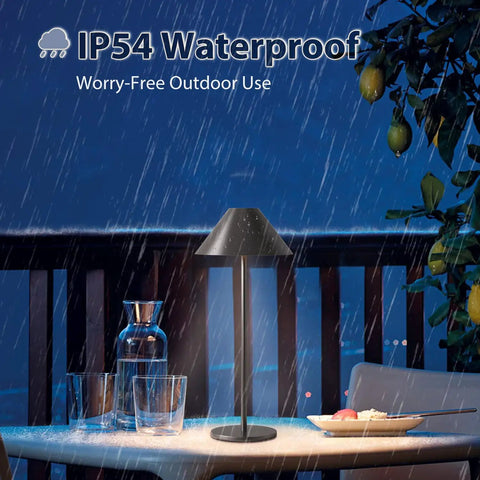 Modern LED Rechargeable Cordless Table Lamp With Dimmable Eye Protection Light, Battery Powered 240 Lumen Output shown outdoors in rain