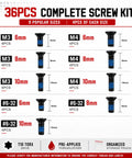KickAss Torx Optic Mounting Screws Kit With M3 M4 And 6-32 Threads, 36 pcs listing all sizes in organized layout for clear visibility.
