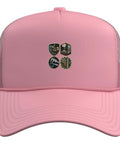 Trendy Pink Machinist Trucker Hat With Adjustable Mesh Back And Foam Front For Real CNC Guys Who Rock The Vise Gauge Square Style with icons.