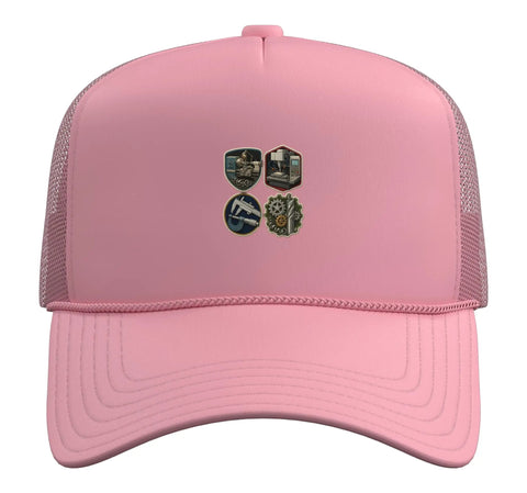 Trendy Pink Machinist Trucker Hat With Adjustable Mesh Back And Foam Front For Real CNC Guys Who Rock The Vise Gauge Square Style with icons.
