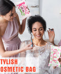 Two women with Golf Makeup Bag Set 24 Pieces Bulk Canvas Cosmetic Pouches Zip Bags 7 x 4 Inches during makeup session.