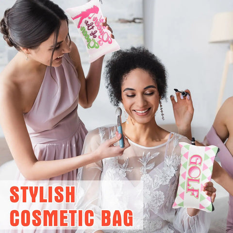 Two women with Golf Makeup Bag Set 24 Pieces Bulk Canvas Cosmetic Pouches Zip Bags 7 x 4 Inches during makeup session.