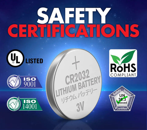 CR2032 Lithium 3V Coin Cell Battery with safety certifications, showing UL listed, ISO marks, and RoHS compliant.