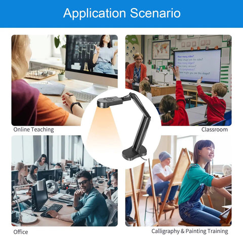 Super Crisp 4K USB Document Camera And Eight Megapixel Visualizer For Teachers Capturing A3 Docs With Plug And Play dual mics in classroom setup.
