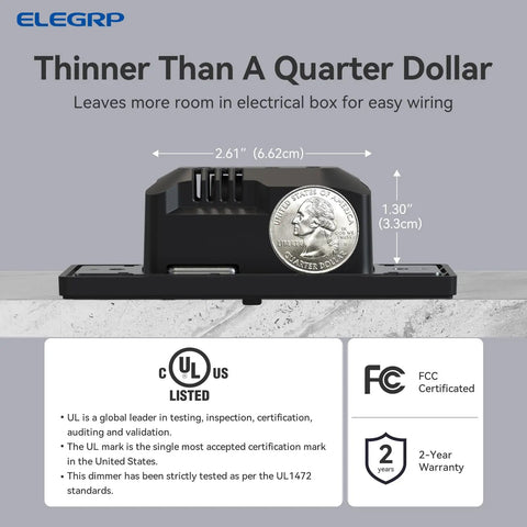 Super Slick Slide Dimmer Switch For Led And Cfl Bulbs Single Pole Or Three Way Control Matte Black showing size comparison with a quarter.