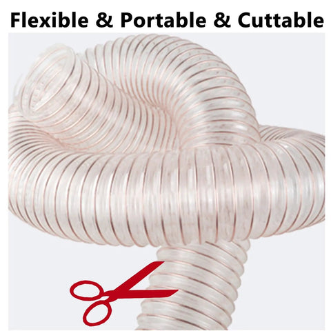 Built Tough Flexible Dust Collector Hose Featuring Puncture Resistant Walls And Snug Seal Clamp For No Fuss Heavy Duty Woodshop Smoke Extraction Work coiled and cuttable duct.