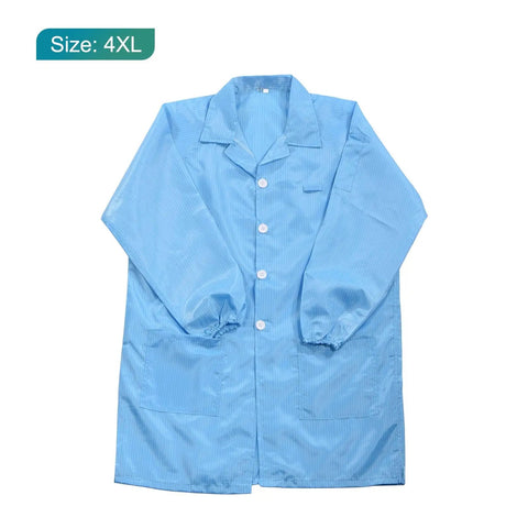 Kickass Anti Static ESD Lab Coat Engineered For The Daily Grind Featuring Conductive Polyester Weave That Slaps Electrostatic Buildup Cold With Reliable Cuff Lapel Collar Seal Flat Out Legit Industrial Wear For Lab And Plant Crews Unisex Blue, 4XL size, blue color, features button closure and elastic cuffs.