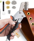 Heavy Duty Grommet Kit Three Eighths Inch 10mm Eyelets And Grommets Set with plier pressing gold eyelets on brown leather
