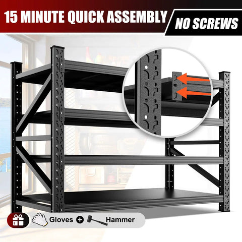 Heavy Duty Metal Garage Shelving Unit 79 Inches Wide By 74 Inches High By 24 Inches Deep Four Tier Adjustable Storage Shelves For Warehouse Workshop And Home Organization Industrial Grade Steel Sturdy And Wobble Free, no-screw frame close-up