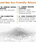 Eco-friendly material showcasing benefits like no jamming, longer lifespan, low elongation rate, and high flexibility.