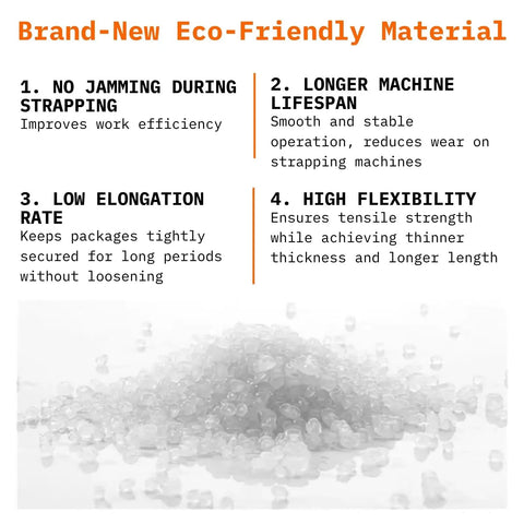 Eco-friendly material showcasing benefits like no jamming, longer lifespan, low elongation rate, and high flexibility.