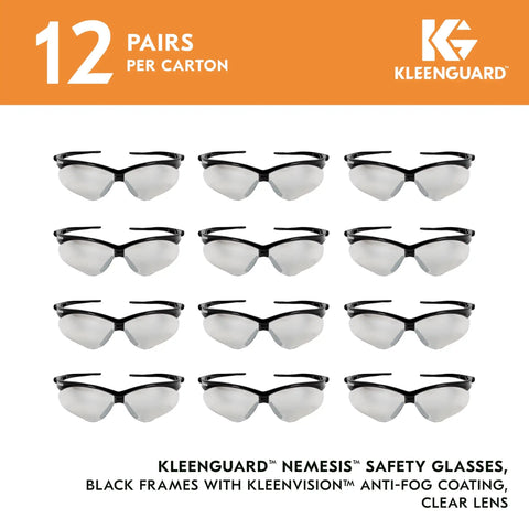 12 pairs of V30 Nemesis Safety Glasses with anti-fog coating, clear lenses, black frame, unisex fit, polycarbonate material