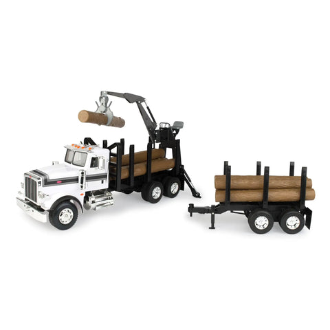 John Deere Big Farm Logging Semi With Low Boy Wide Load 1 To 16 Scale shown with crane lifting logs and detachable trailer.