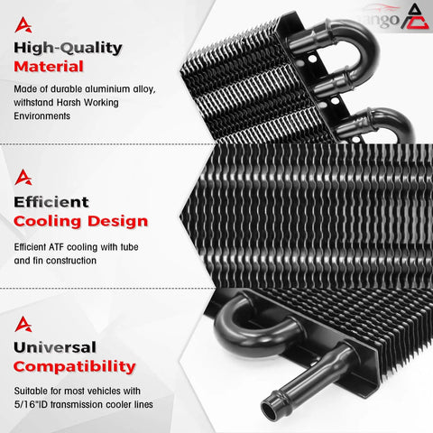 Close-up of 6 Pass Ultra Cool Tube and Fin Transmission Cooler showing aluminum material and cooling design.