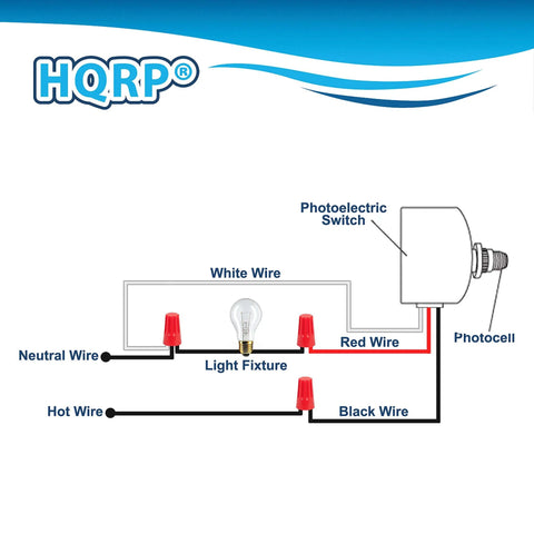 Wiring diagram for Two Pack Dusk To Dawn Photoelectric Sensor Switch For Indoor Outdoor Lights showing connections to light fixture and wires.