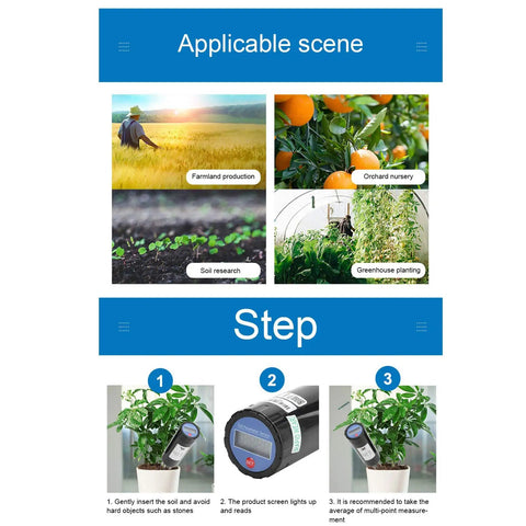 Steps to use Soil Tester Nutrient Meter With NPK Sensor for gardens, showing farmland, orchard, soil research, and greenhouse.