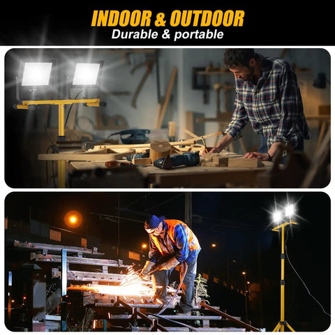 Super Bright 21000 Lumen LED Work Lights On Stand With Two Heads Portable Tripod for indoor and outdoor job sites use.