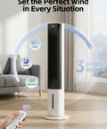 40 Inch Tower Portable Evaporative Cooler With Remote For Indoor Use in living room showing 3 speeds and oscillation