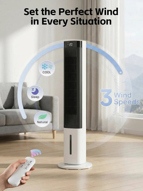 40 Inch Tower Portable Evaporative Cooler With Remote For Indoor Use in living room showing 3 speeds and oscillation