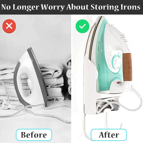 Before and after of iron storage using Wall Mounted Ironing Board Rack With Iron Holder And Bathroom Shelf For Space Saving Laundry Room Organization Quick Access Ironing Station Sturdy Wall Mount Easy Installation Keeps Irons And Boards Neatly At Hand