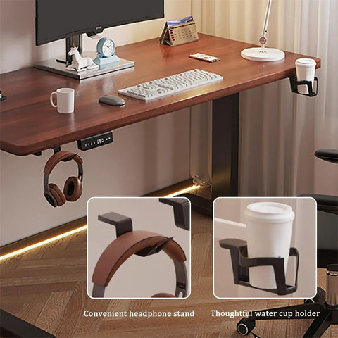 Electric Height Adjustable Standing Desk with built-in headphone hook and cup holder, clean design for gaming setup.