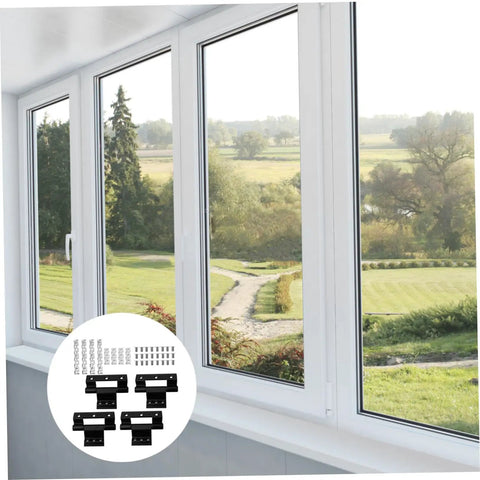 Heavy Duty Aluminum Window Hinge Casement Hardware For Home Decor Accessories Delivers Smooth Operation And Quick Installation In Tight Spaces Built To Last And Great For DIY Projects And Contractors with black aluminum hinges shown against a scenic window view.
