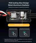 Close-up of waterproof brushless ANT ESC with electronic switch for RC crawler cars, showcasing PCB sealing and metal radiator design.