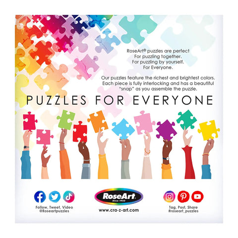 Diverse hands holding puzzle pieces, text promoting RoseArt puzzles, part of Hot Air Balloon Celebration 1000 Piece Jigsaw Puzzle For Adults With Interlocking Pieces Eco Friendly Recycled Paperboard Vegetable Ink Print 20 By 27 Inch Finished Size Great For Family Night