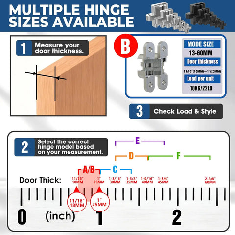 Visual guide for selecting Heavy Duty Invisible Door Hinges 180 Degree Swivel Black Four Pack based on door thickness measurements.