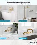 Wall mount clawfoot tub faucet, exposed shower set, bathroom sink faucet, and kitchen faucet shown in various installations.