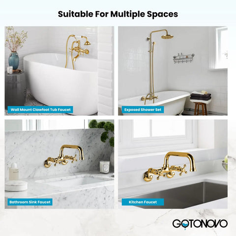 Wall mount clawfoot tub faucet, exposed shower set, bathroom sink faucet, and kitchen faucet shown in various installations.