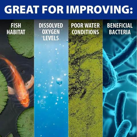 Image showing improvements with Complete Pond Aeration Kit: fish habitat, oxygen levels, water conditions, beneficial bacteria.