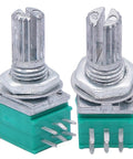 Close-up of two rotary potentiometers from Ten Pack Potentiometers Set Top Adjust Rotary Potentiometers With Knurled Shafts 6 Pin Linear Rotary 5K 10K 20K 50K 100K Ohm Values Two Each For DIY Audio Gear And Electronics showing knurled shafts and 6 pins.